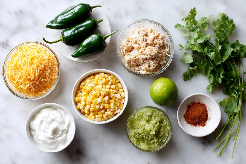 Ingredients for stuffed poblano peppers with chicken and corn arranged on marble