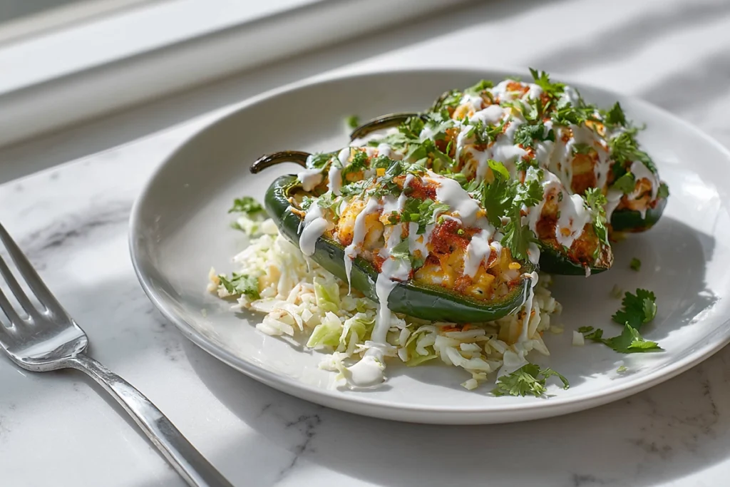Stuffed poblano peppers with chicken and corn served with rice and slaw