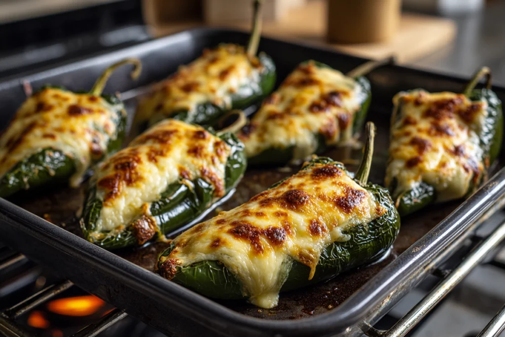 Stuffed poblano peppers roasting with melted cheese and browned edges
