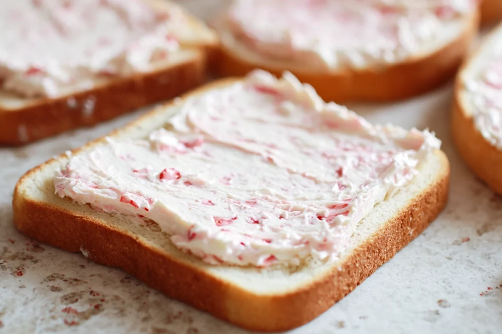 Strawberry Cheesecake Stuffed French Toast That Feels Like a Weekend Treat 6 strawberry cheesecake filling spread on bread for strawberry cheesecake stuffed french toast