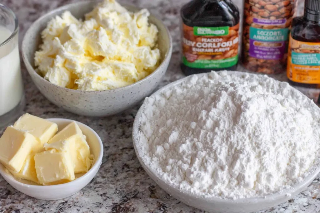 ingredients for sugar cookie frosting including powdered sugar butter milk and extracts