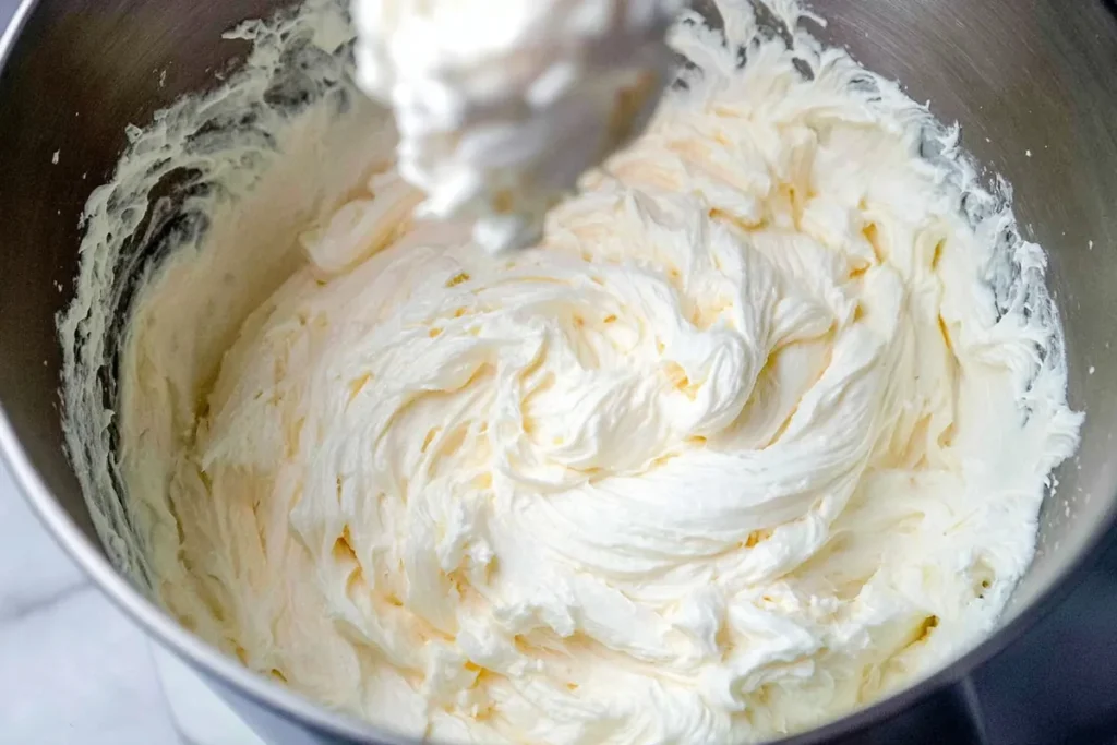 mixing butter and powdered sugar to make sugar cookie frosting
