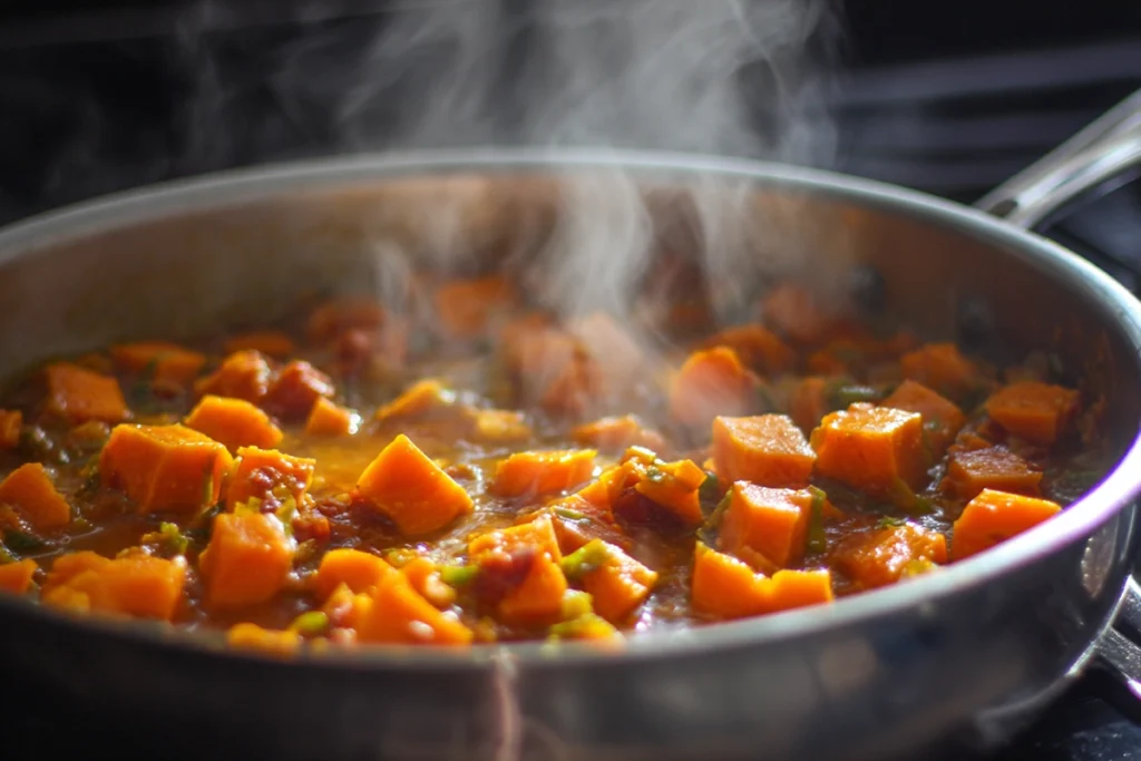 Sweet potatoes simmering in southwest ground beef sweet potato skillet