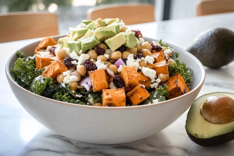 Sweetpotato Power Salad with roasted sweetpotatoes, kale, avocado, and maple balsamic dressing