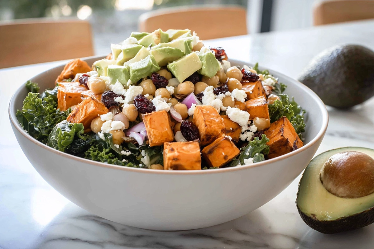 Sweetpotato Power Salad with roasted sweetpotatoes, kale, avocado, and maple balsamic dressing