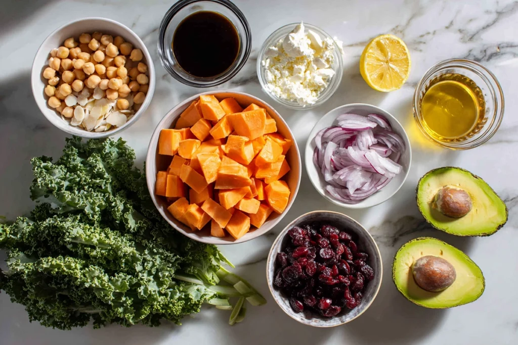 Sweetpotato Power Salad: Warm Roasted Sweetness, Cool Crunch, Zero Regret 7 Ingredients for Sweetpotato Power Salad arranged on a marble counter