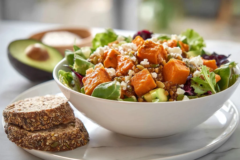 Sweetpotato Power Salad: Warm Roasted Sweetness, Cool Crunch, Zero Regret 10 Sweetpotato Power Salad served with multigrain bread for lunch