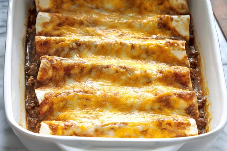 Cheesy Tex-Mex beef enchiladas baked in gravy with melted cheddar and Monterey Jack