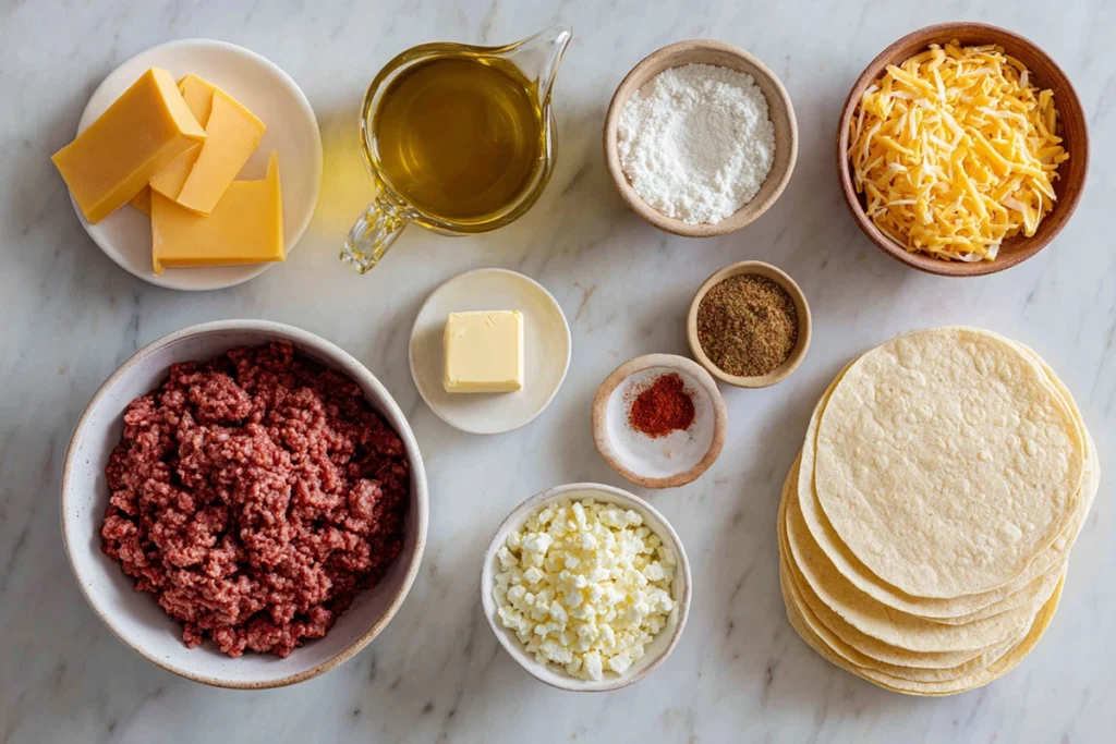 Ingredients for Tex-Mex beef enchiladas including corn tortillas, ground beef, cheese, and broth