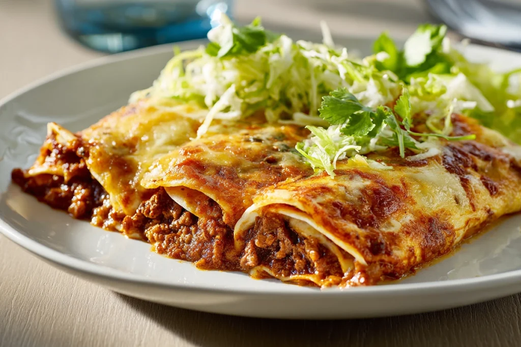 Served Tex-Mex beef enchiladas sliced cleanly with rich gravy and melted cheese