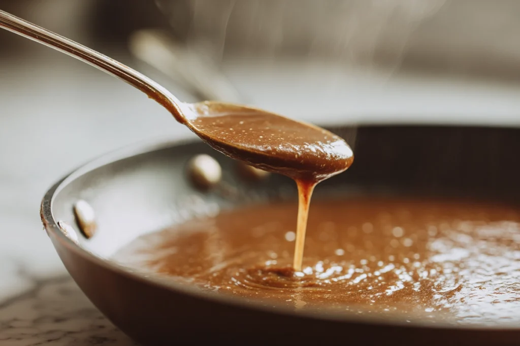 Thickened beef gravy for Tex-Mex beef enchiladas coating a spoon