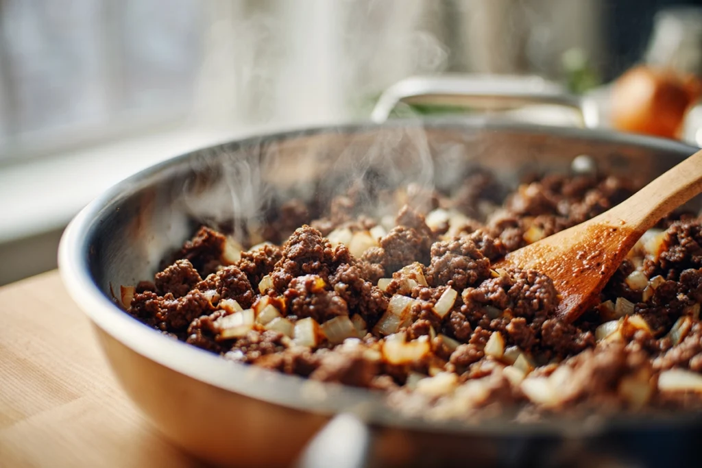 Browning ground beef for Tex-Mex beef enchiladas in a skillet