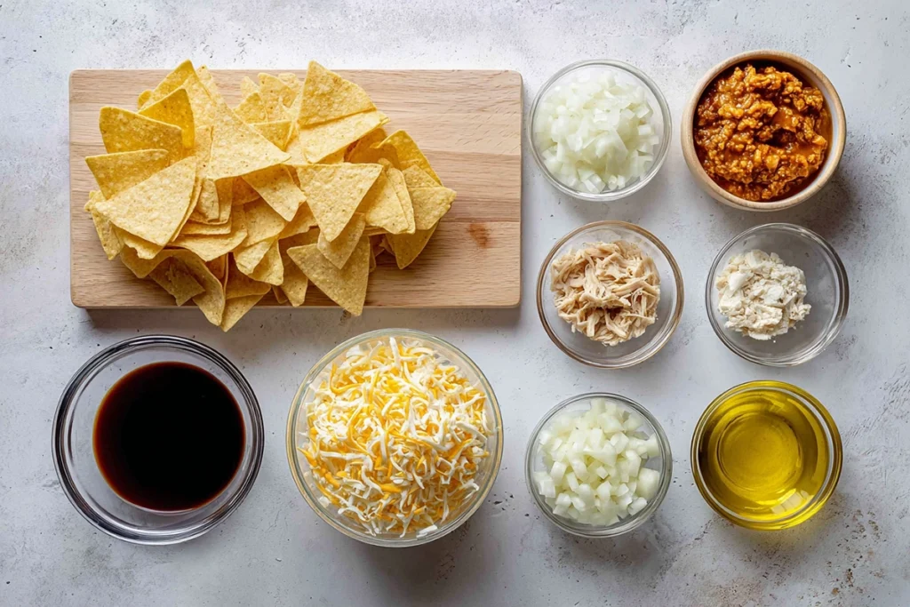 ingredients for tortilla chip enchiladas arranged overhead
