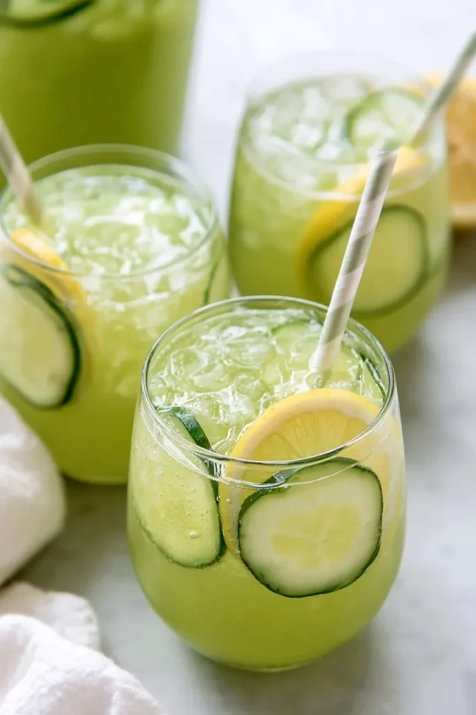 Cucumber Lemonade with Honey for Hot Summer Days 10 Two chilled glasses of cucumber lemonade with lemon, cucumber, ice, and striped straws