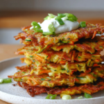 vegetable fritters served warm on a ceramic plate with sour cream