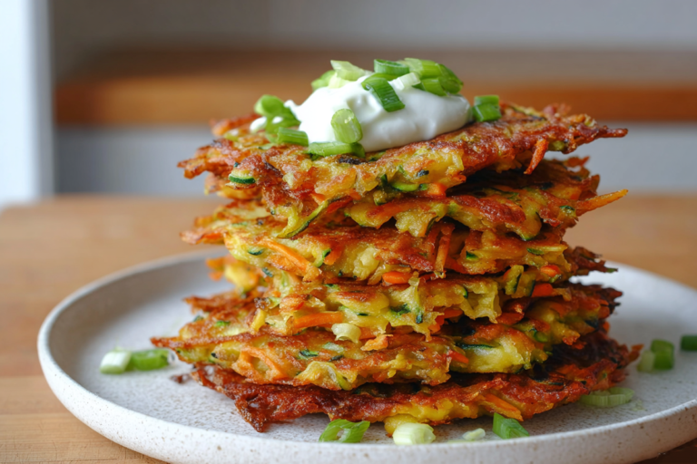 vegetable fritters served warm on a ceramic plate with sour cream