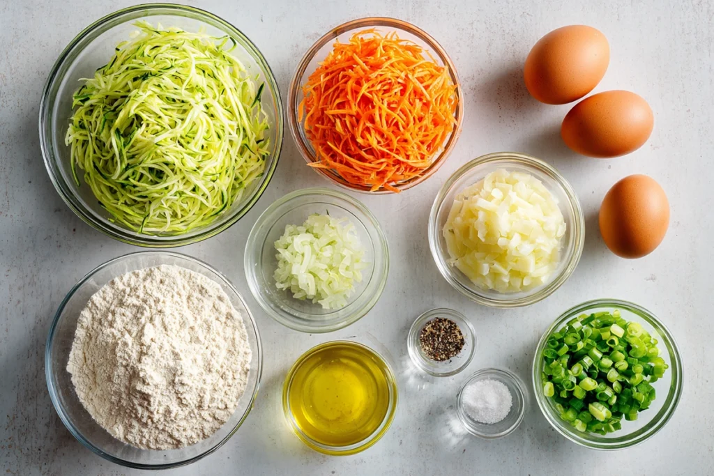 ingredients for vegetable fritters arranged overhead in glass bowls