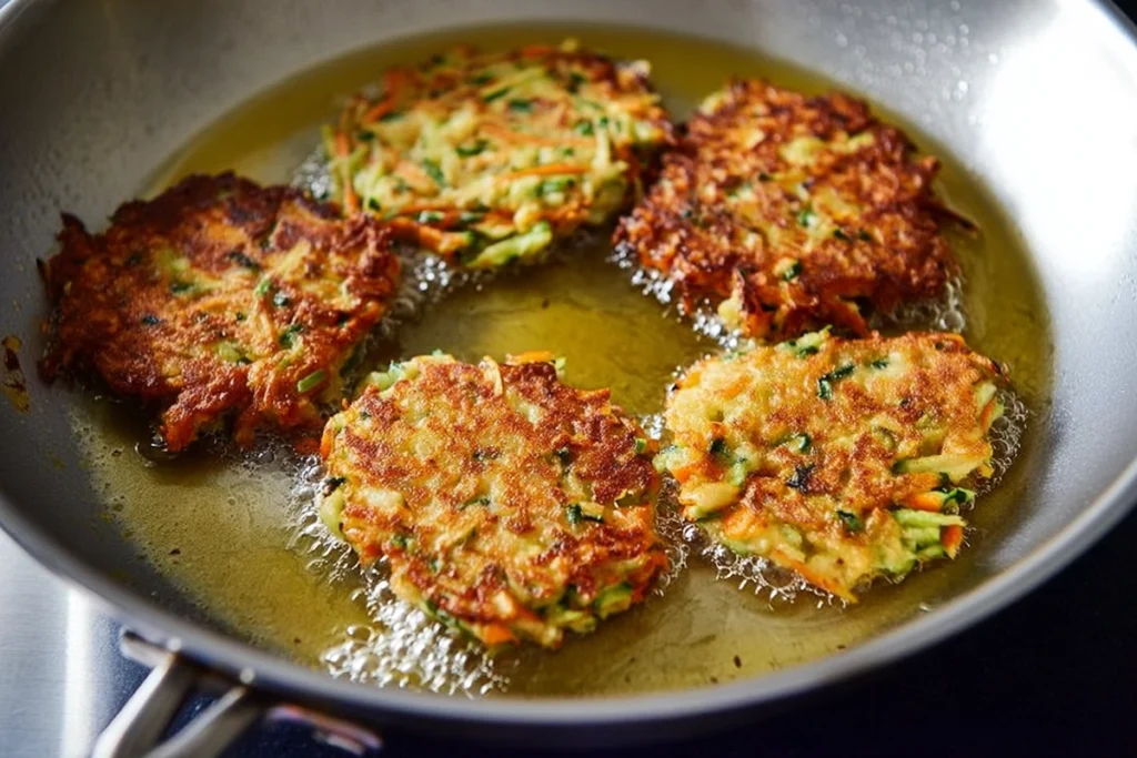vegetable fritters pan frying until golden and crispy