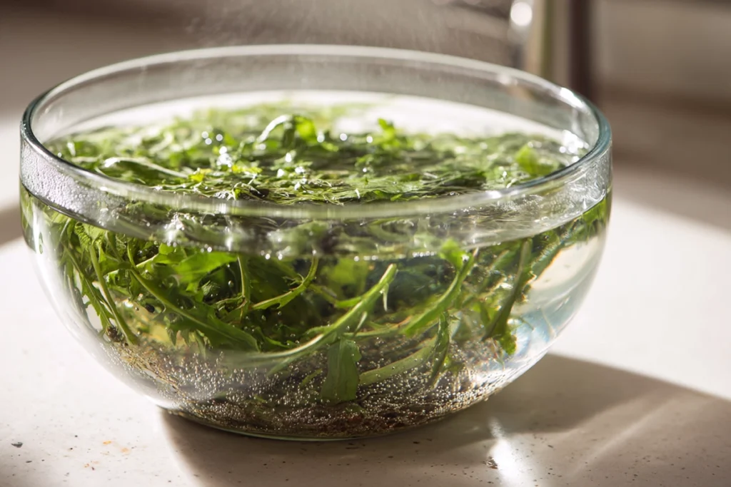 Washing greens for a dandelion salad recipe in a glass bowl of water