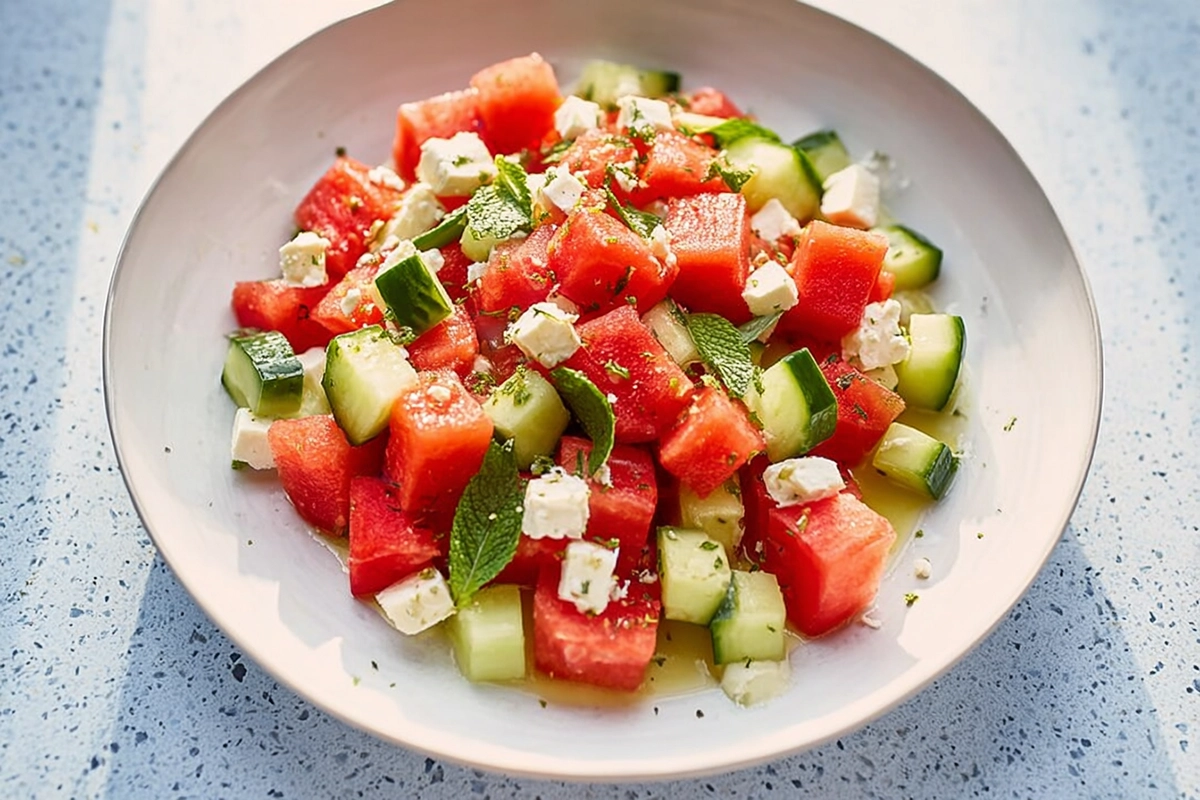 Watermelon cucumber feta salad plated fresh in a modern home kitchen