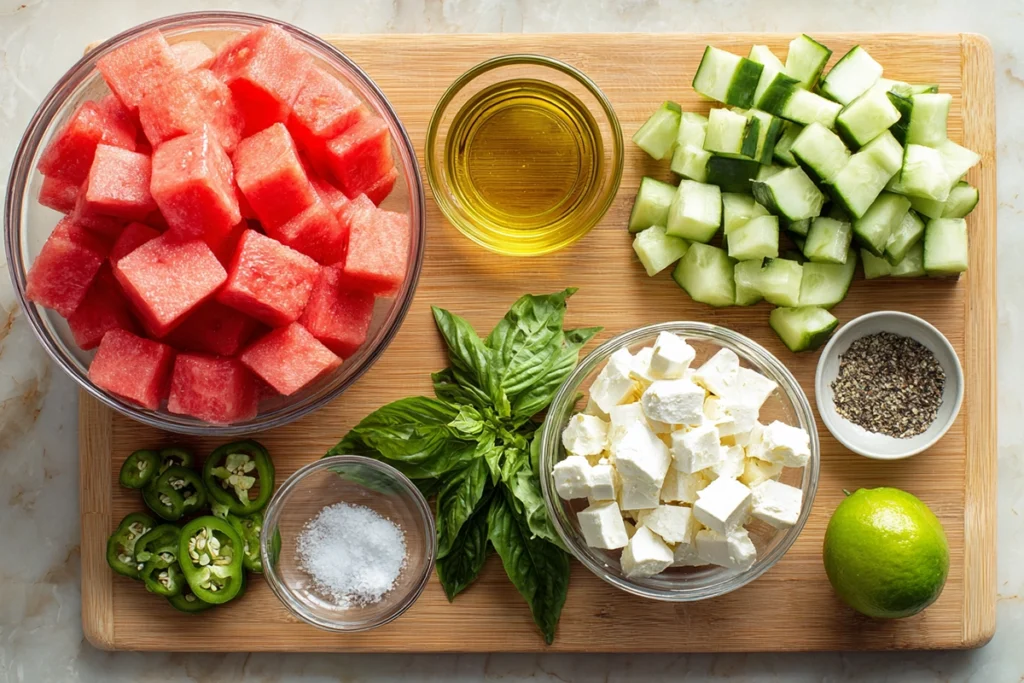 Ingredients for watermelon cucumber feta salad arranged overhead