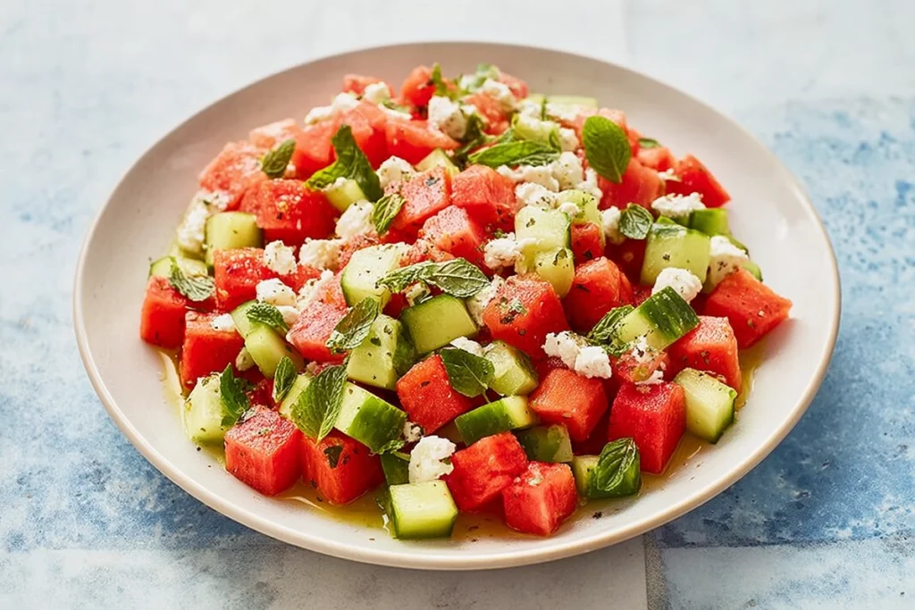 Watermelon cucumber feta salad ready to serve at home