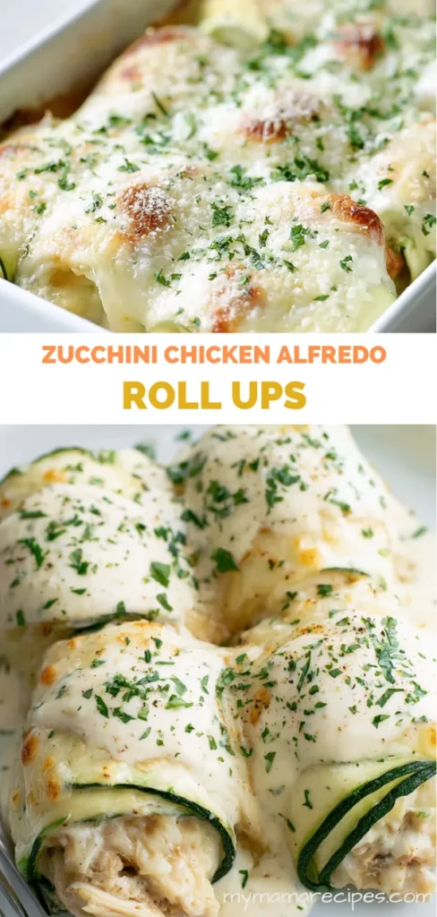 Zucchini Chicken Alfredo Roll Ups for an Easy Low-Carb Dinner 5 Creamy Zucchini Chicken Alfredo Roll Ups recipe with melted cheese and parsley