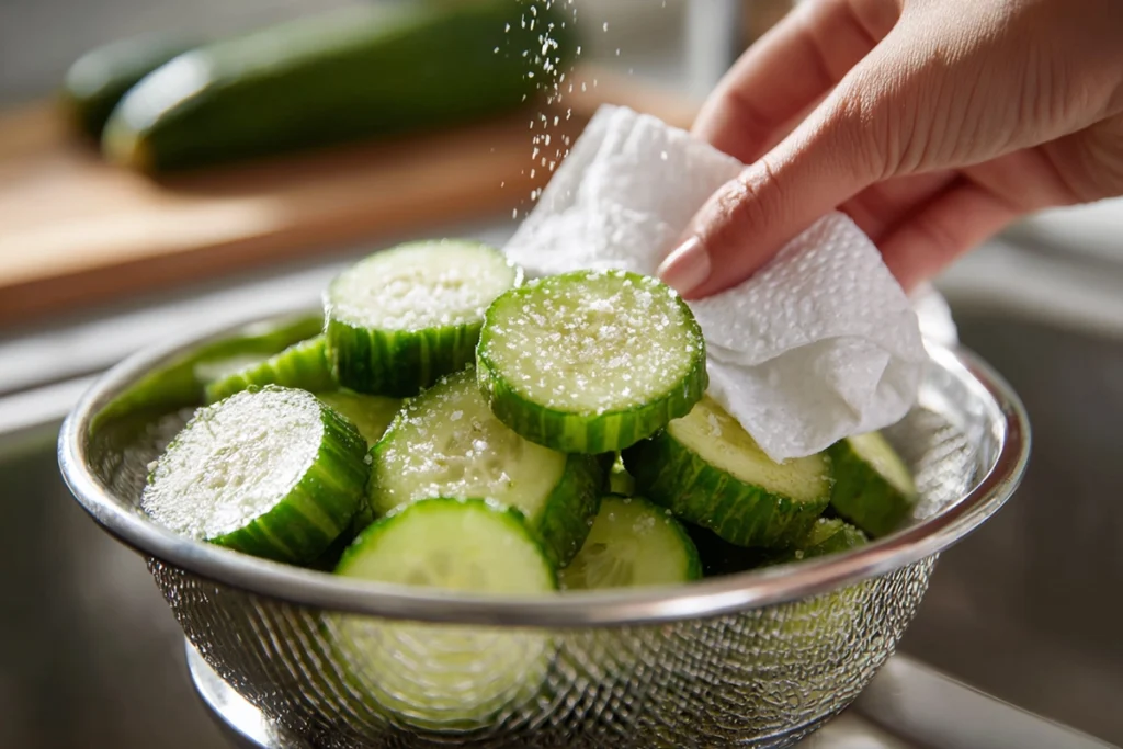 Creamy Cucumber Sala.Salting and Draining Cucumbers