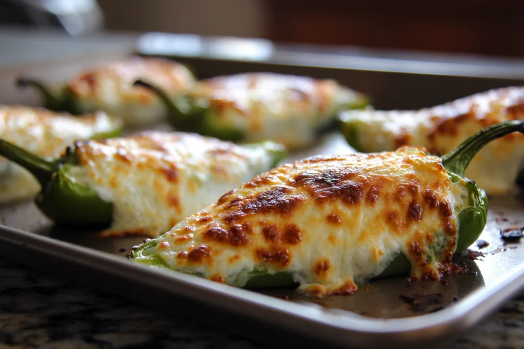 cheesy stuffed banana peppers bubbling and lightly golden after baking