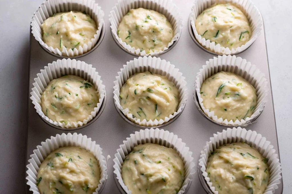 Banana zucchini muffin batter portioned evenly into lined muffin cups