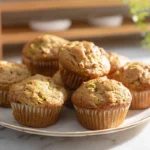 Banana zucchini muffins freshly baked and plated on a white ceramic plate