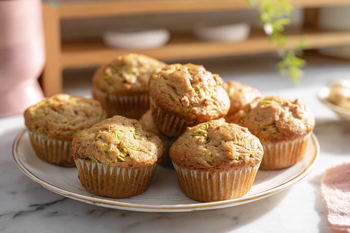 Banana zucchini muffins freshly baked and plated on a white ceramic plate