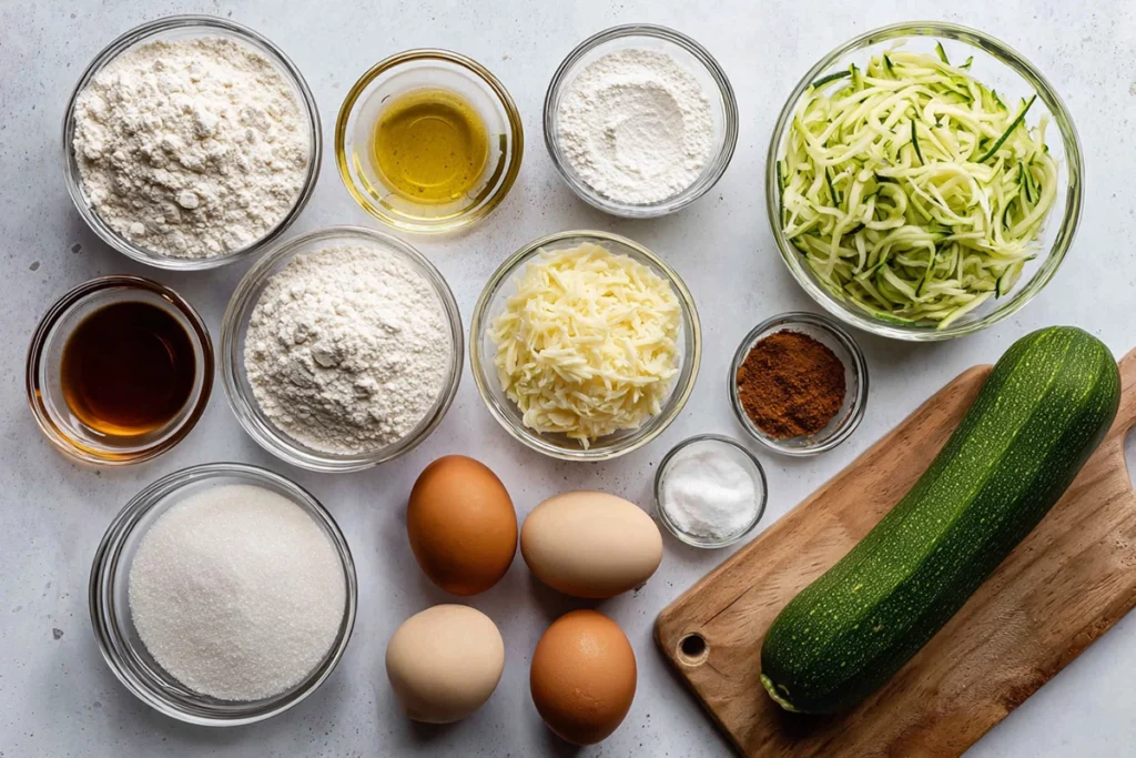 Ingredients for banana zucchini muffins arranged neatly in glass bowls