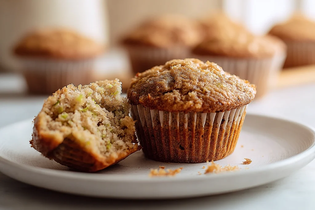 Banana zucchini muffins broken open to show moist interior