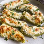 cheesy stuffed banana peppers baked until bubbly and golden on a white plate