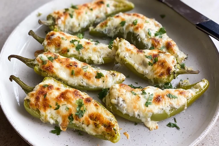 cheesy stuffed banana peppers baked until bubbly and golden on a white plate