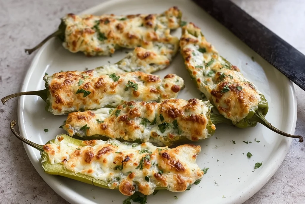 cheesy stuffed banana peppers served warm with creamy melted cheese