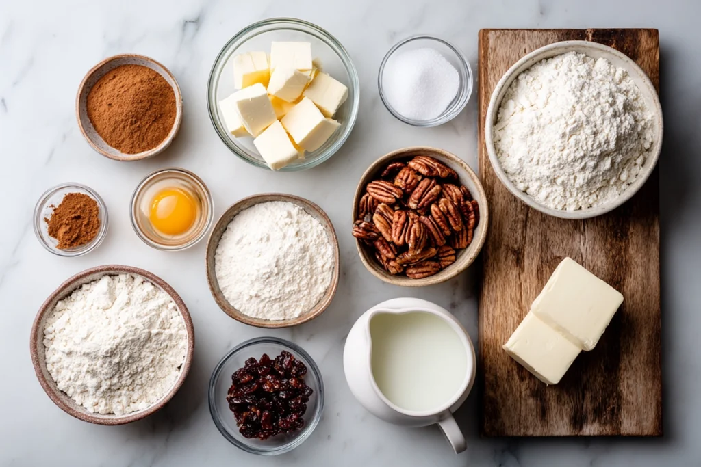 cinnamon scone ingredients neatly arranged in glass bowls on marble countertop