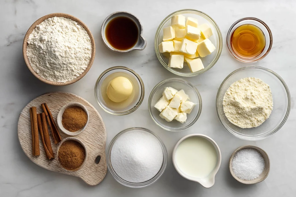 flat lay photo of cinnamon scone ingredients including flour, butter, sugar, cinnamon, and cream in glass bowls on a wooden board