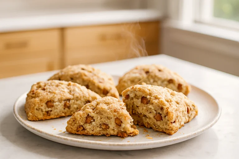 Cinnamon scones with crackly sugar tops and visible cinnamon chip pockets on a white plate