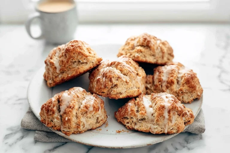 photorealistic image of golden cinnamon scones with vanilla glaze and cinnamon sugar on a white plate in a modern kitchen