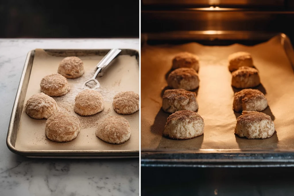 close-up of unbaked cinnamon scones on a parchment-lined tray going into the oven