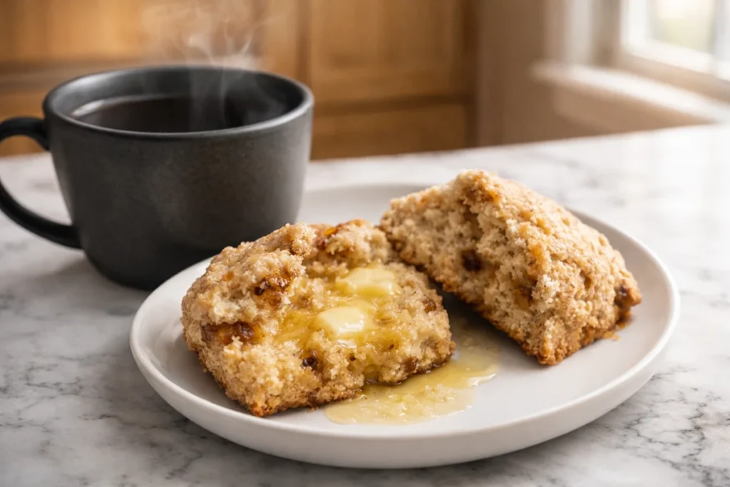 Warm cinnamon scones served with coffee in a bright home kitchen