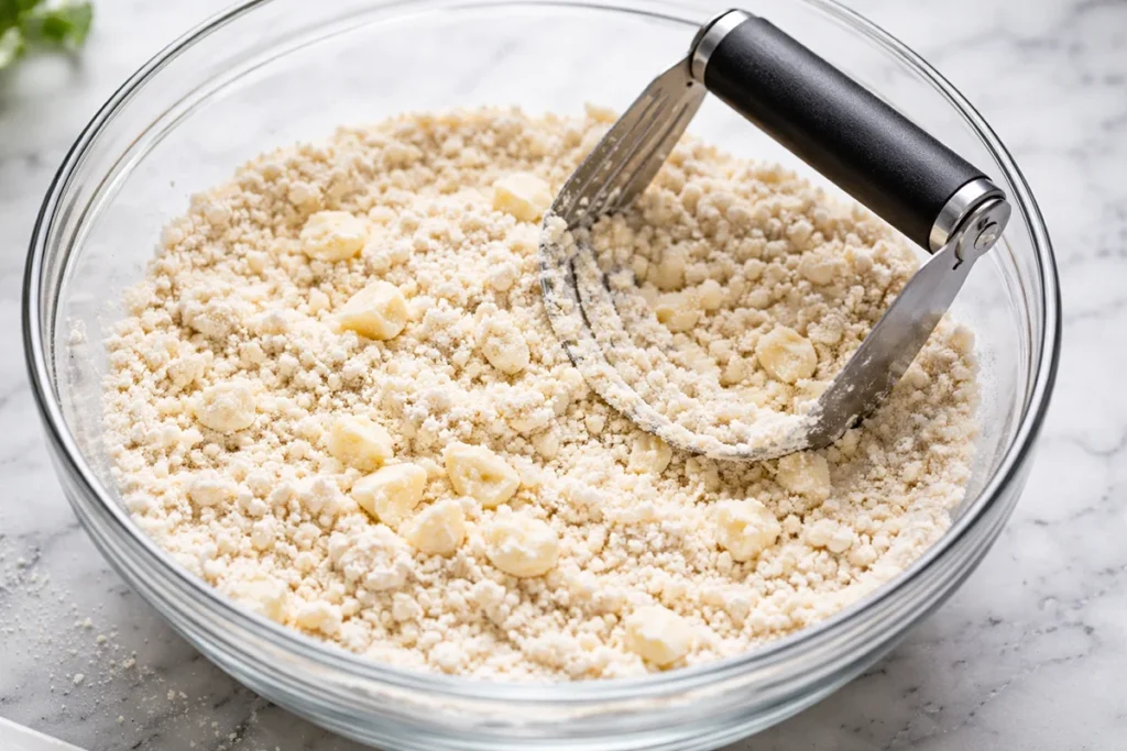 Cold butter cut into flour mixture for cinnamon scones showing coarse crumbs