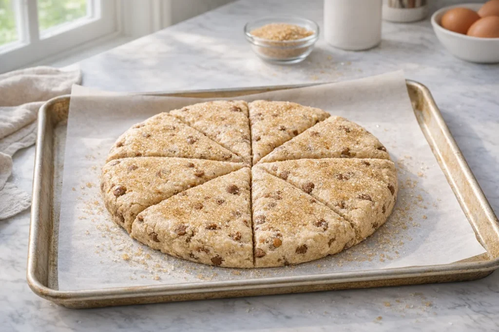 Unbaked cinnamon scones cut into wedges and sprinkled with raw sugar