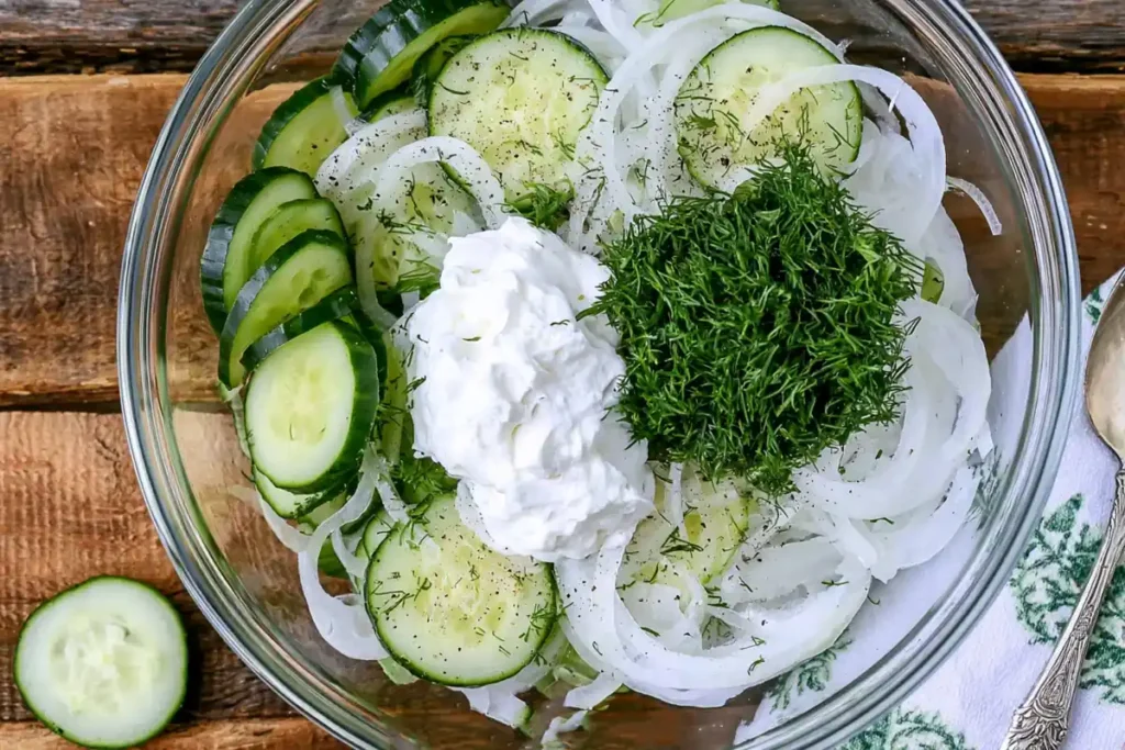Creamy Cucumber Salad with Sour Cream, Dill, and Onion 3 Creamy Cucumber Salad with cucumbers, onion, dill, and dressing ready to be gently tossed