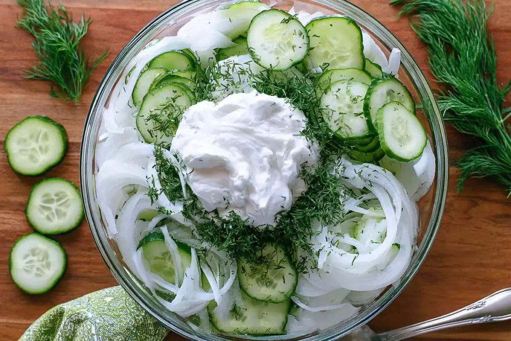 Creamy Cucumber Salad with Sour Cream, Dill, and Onion 2 Creamy Cucumber Salad ingredients with sliced cucumbers, onion, sour cream dressing, and fresh dill