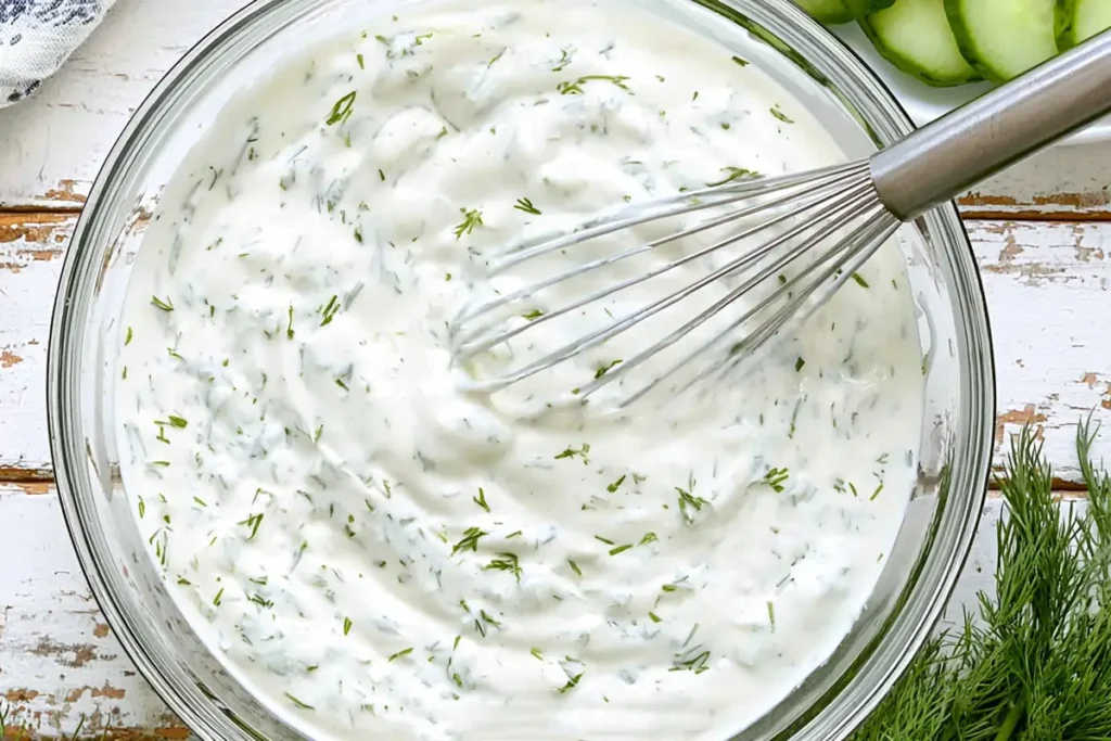 Creamy Cucumber Salad with Sour Cream, Dill, and Onion 4 Smooth creamy dill dressing prepared for Creamy Cucumber Salad