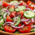Fresh cucumber tomato salad served on a modern ceramic plate in a home kitchen