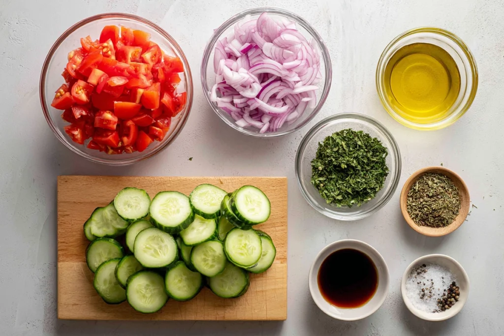 Ingredients for cucumber tomato salad arranged overhead in a modern kitchen